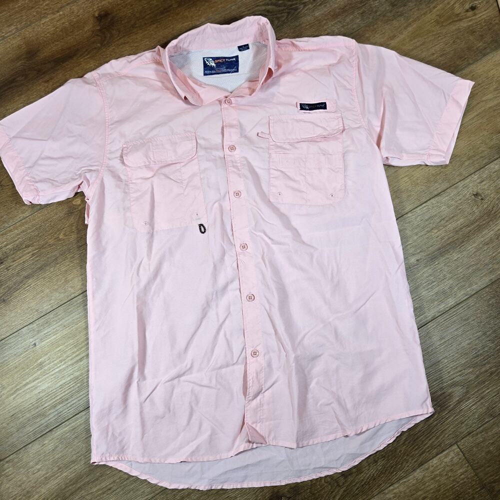 Spicy Tuna Fishing Shirt Mens L Pink Vented Button Up Nylon Angler Outdoors - Picture 1 of 8